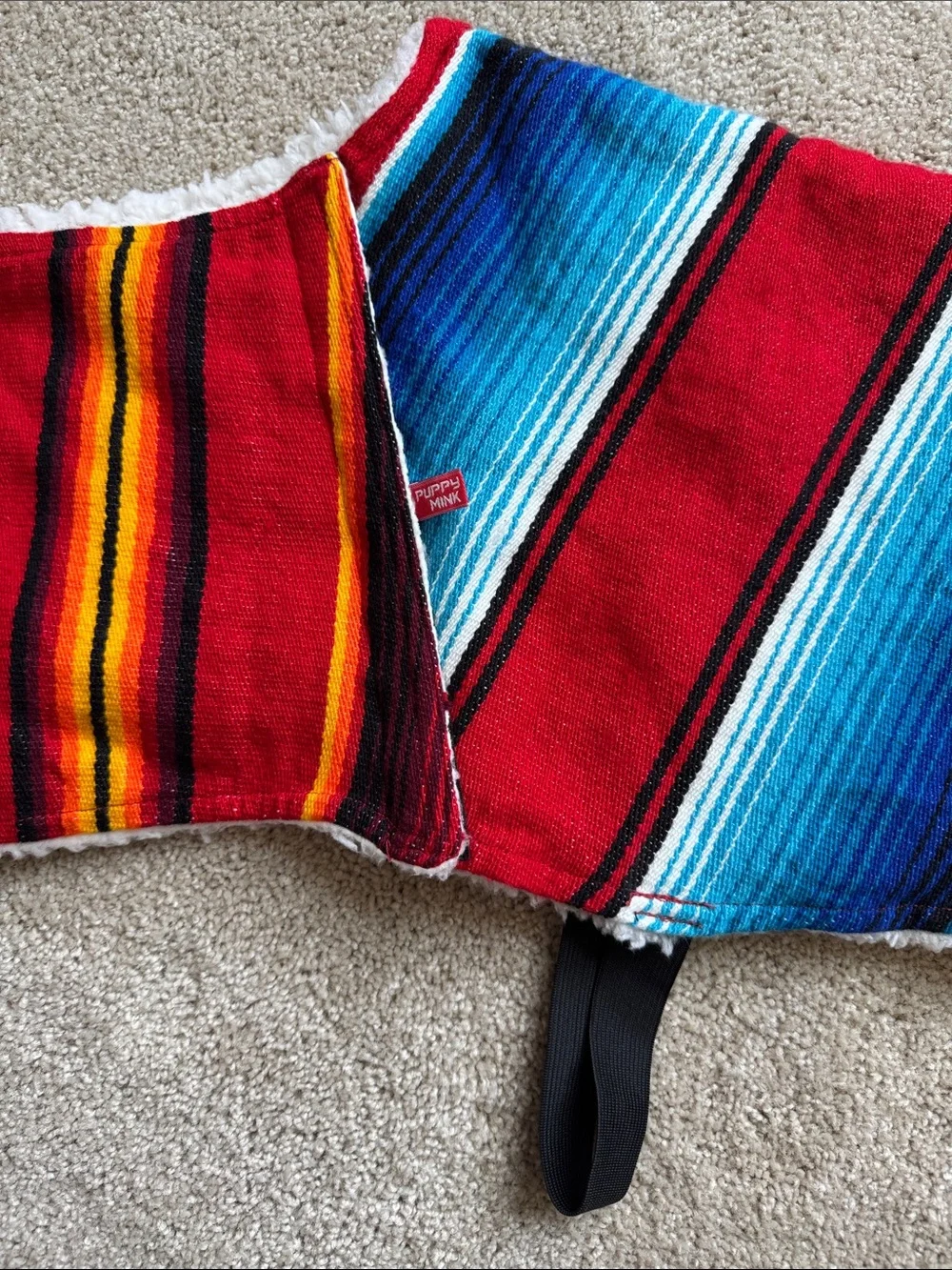 Striped multi-colored Serape Dog Coat with Sherpa Trim
